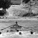 Boy's who are probably carriers for the Vancouver Sun, swimming and rowing at Camp Gates in Tunstall Bay. Camp was named for Herb Gates, circulation manager of the Sun. ca 1950